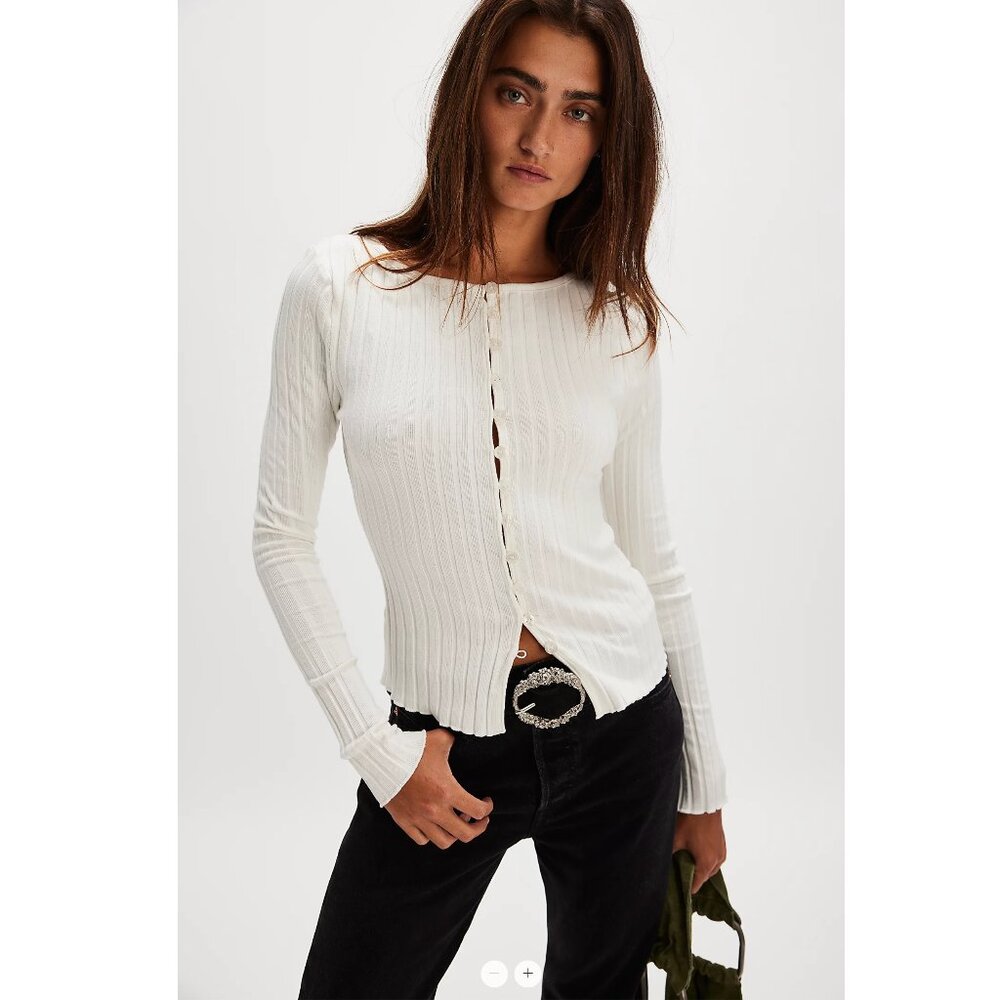 Free People White Ribbed Long-Sleeve Button Cardigan